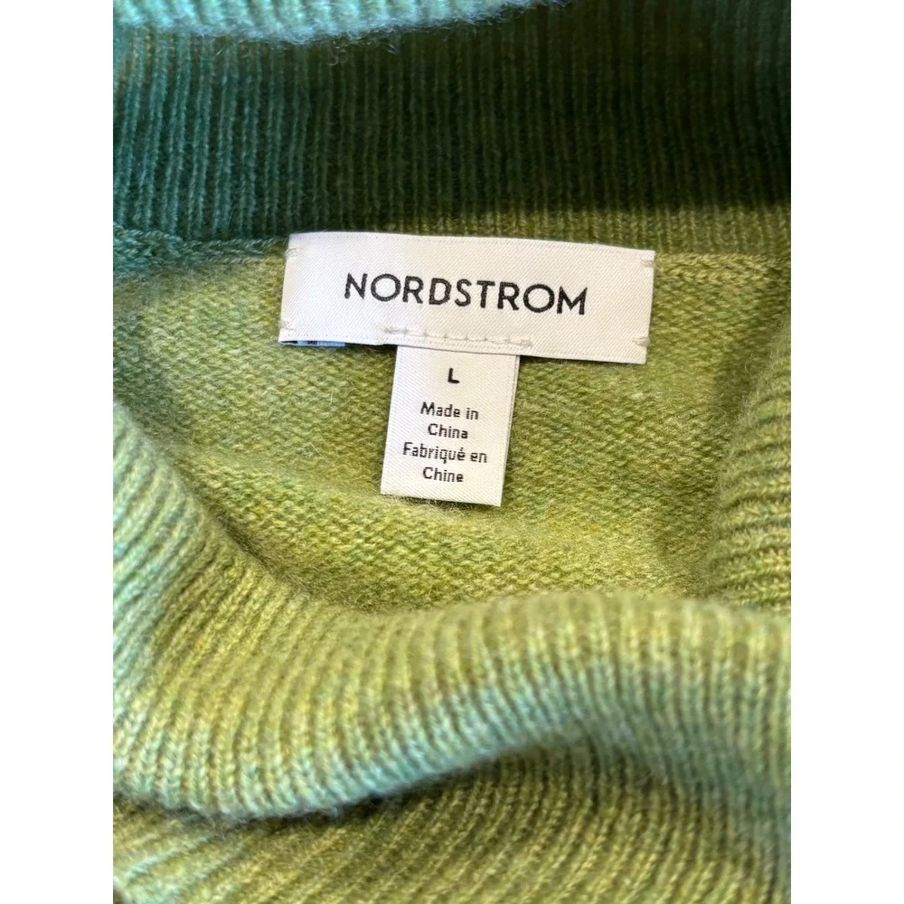 Nordstrom Womens 100% Cashmere Turtleneck Sweater Green Size L Side Slits Ribbed